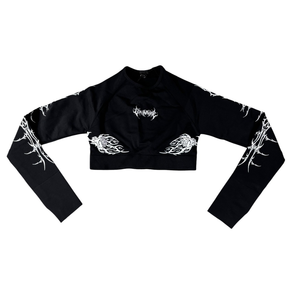 Civil Regime Sinister Bloom Gothic Graphic Crop Top LS Black Women Small